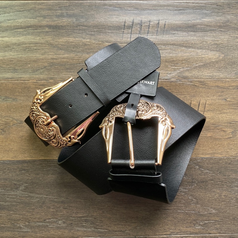 Ashley Stewart Black Faux Leather Rose Gold Buckle Belt Size 1X